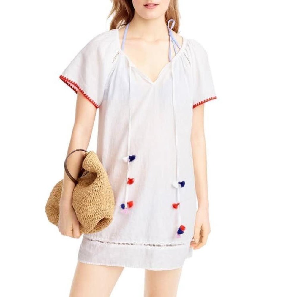 J Crew Beach Cover Up Swimsuit Pompom White Dress